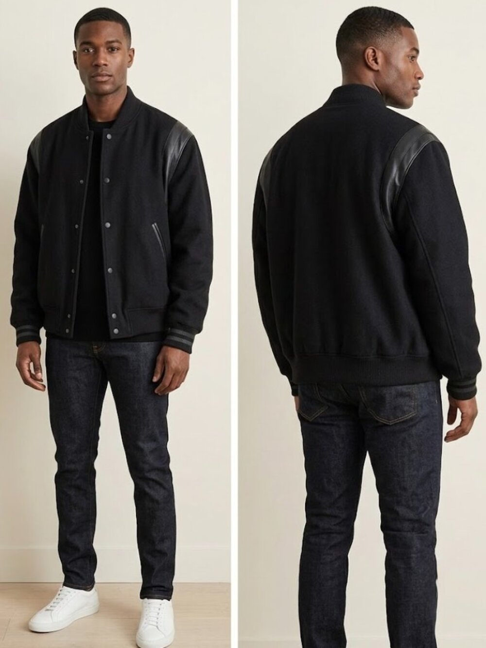 LCKR Men's Black Varsity Bomber Jacket Vegan Leather Trim Size Large